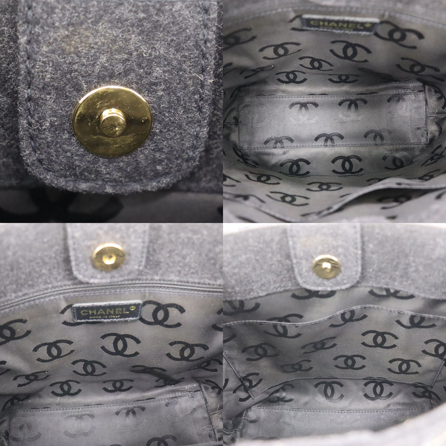 CHANEL Logos Tote Shoulder Bag Dark Gray Felt #CB789