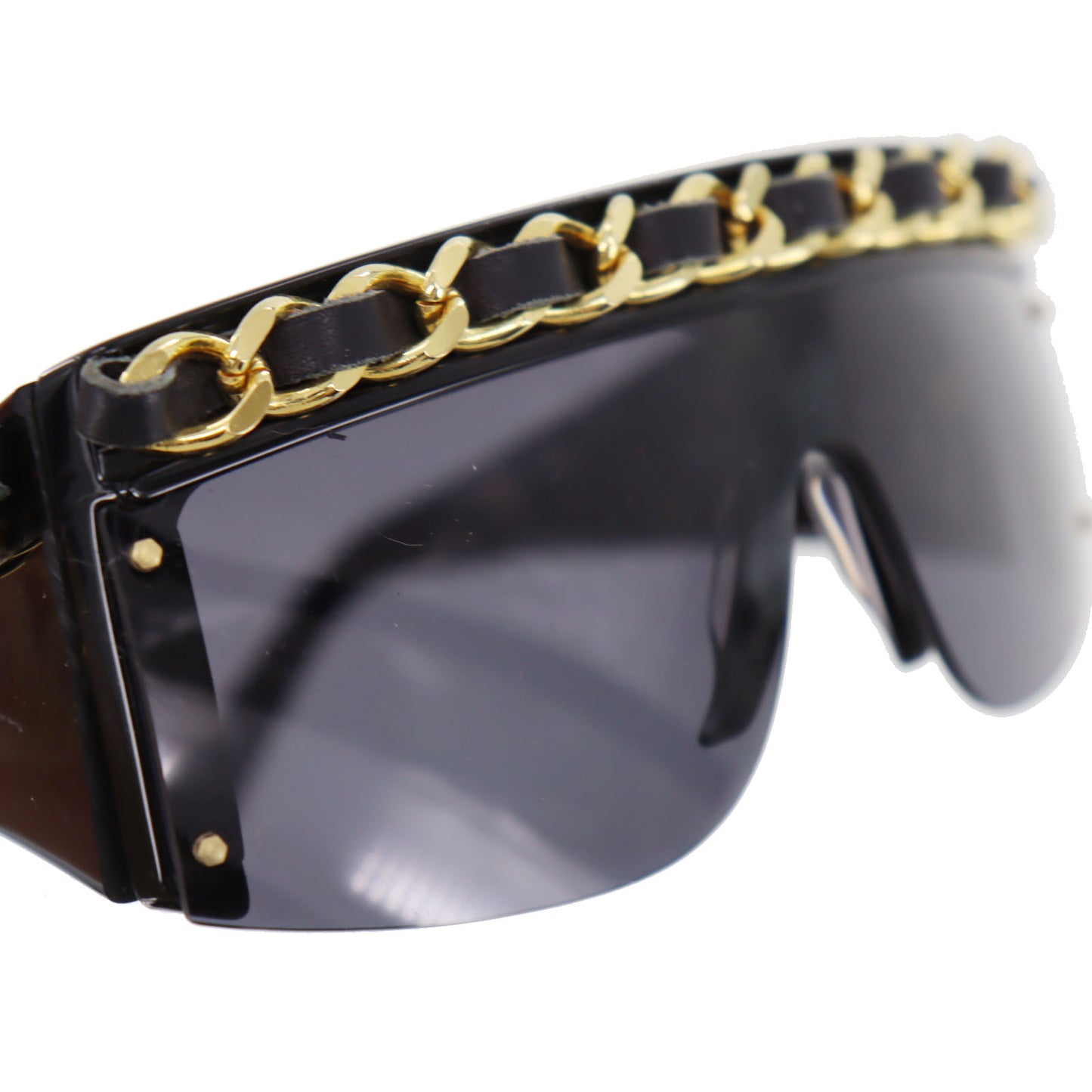 CHANEL Chain Sunglasses Black Shield Eye Wear #BZ506