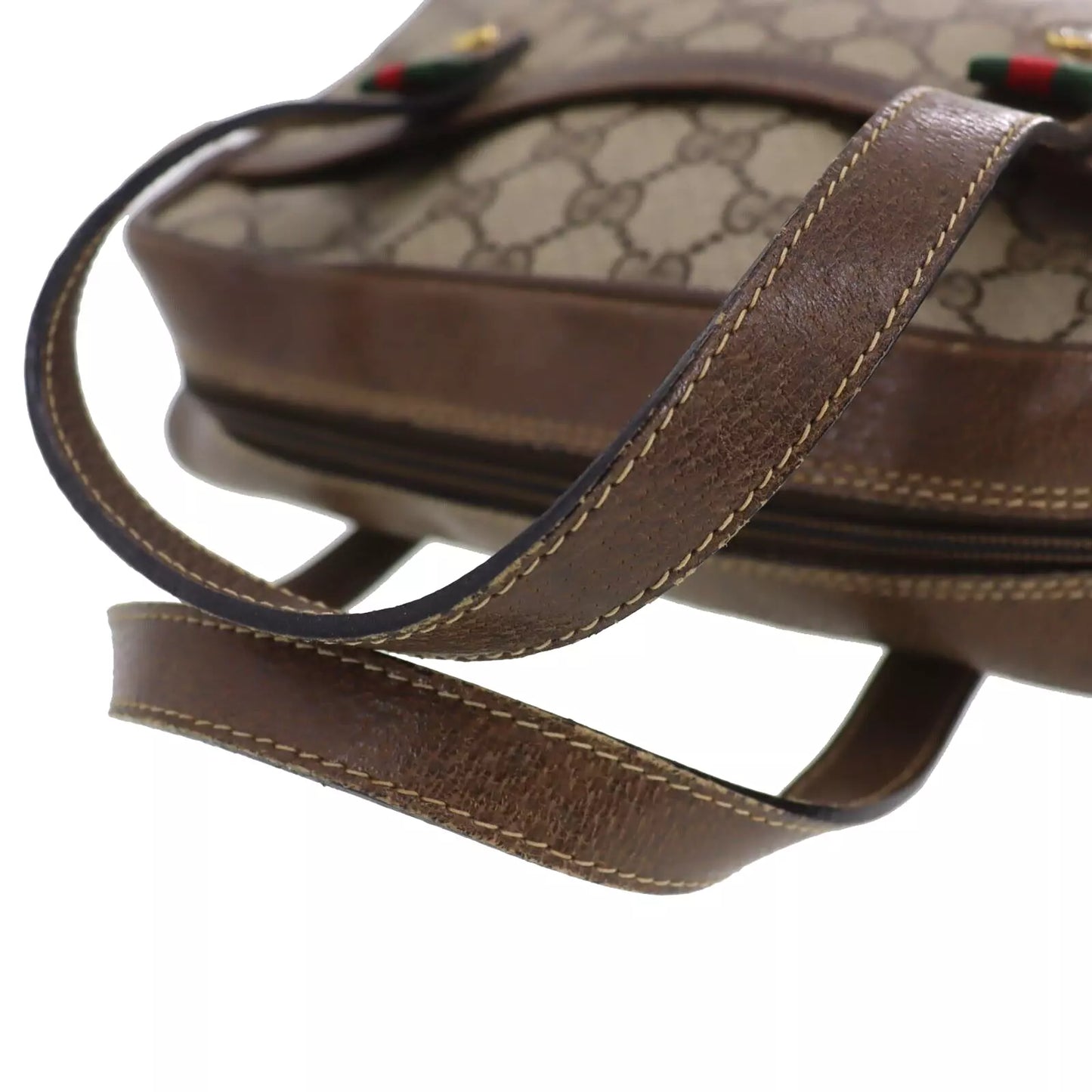 GUCCI GG Plus Web Stripe Handbag Brown PVC Leather Vintage #AG734