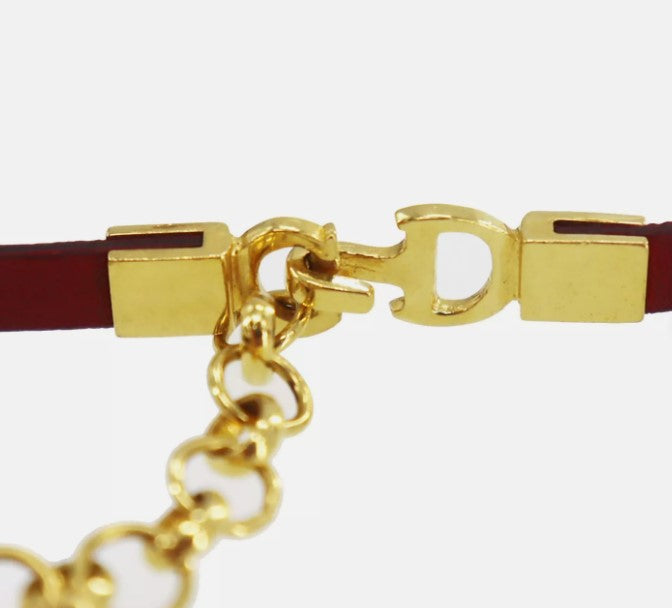 Christian Dior Logo Used Choker Red Gold Leather Gold Plated Vinatge #CU720 S