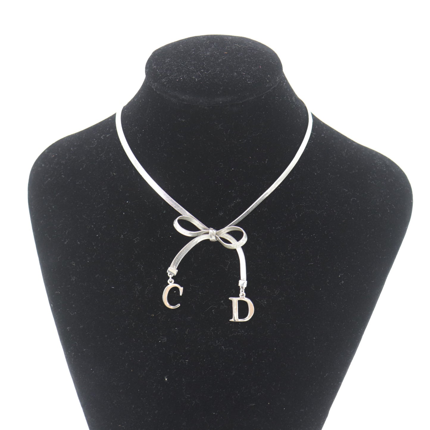 Christian Dior Bow Choker Necklace Silver #EH518