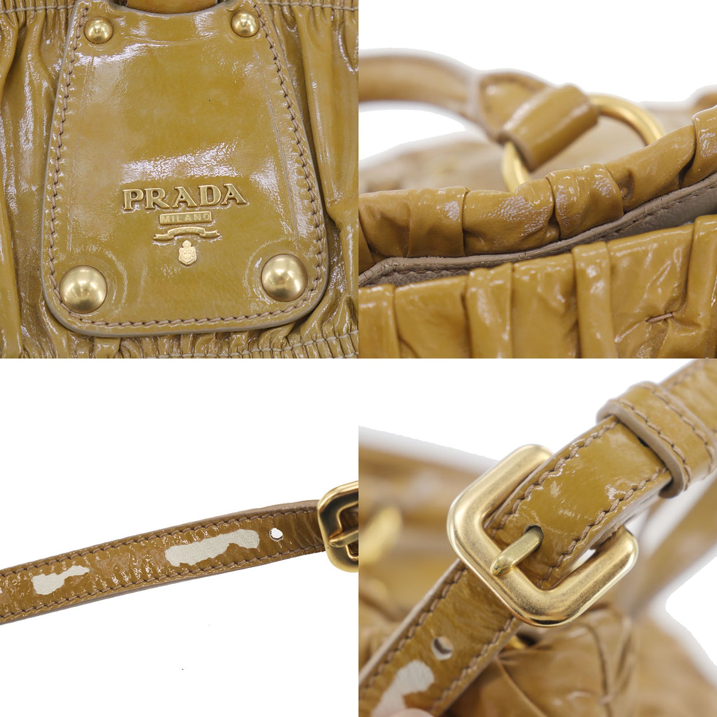 PRADA Gather 2way Shoulder Handbag Brown Patent Leather #EH304