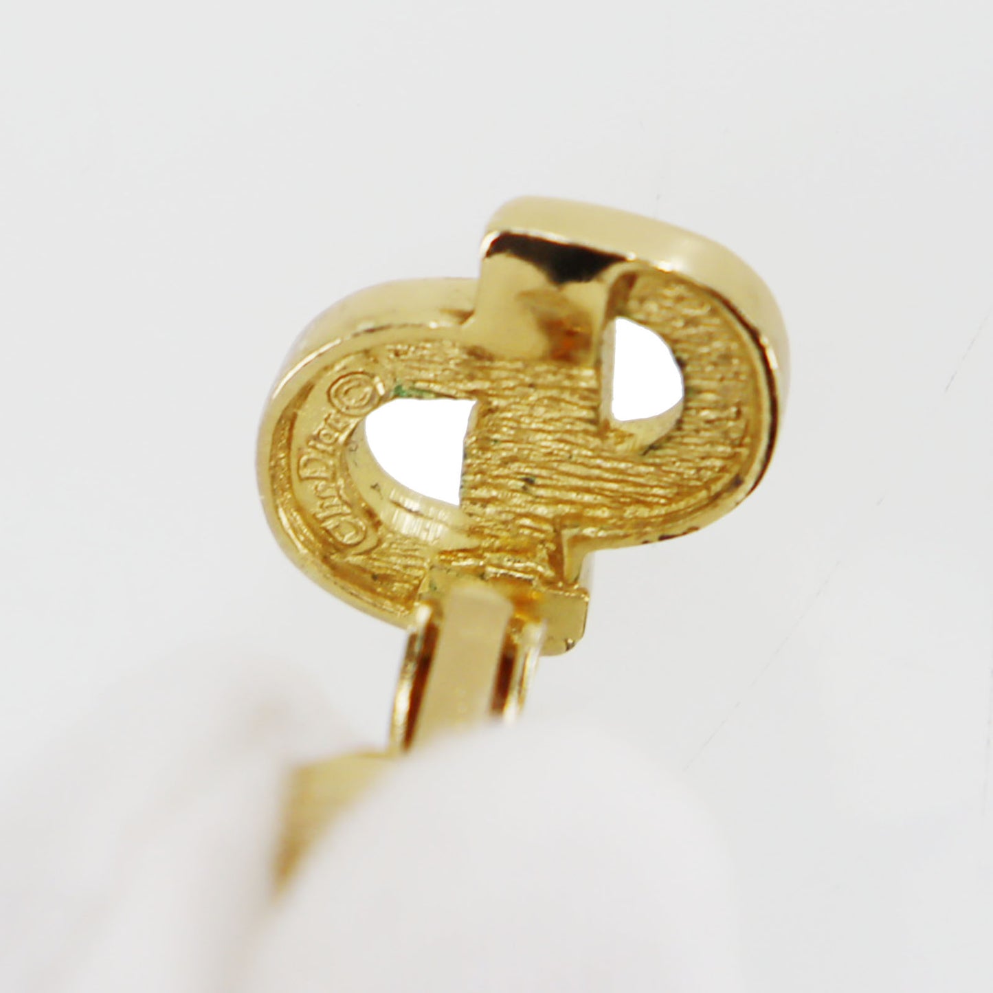 Christian Dior CD Logos Rhinestone Earrings Gold Plated #CB383