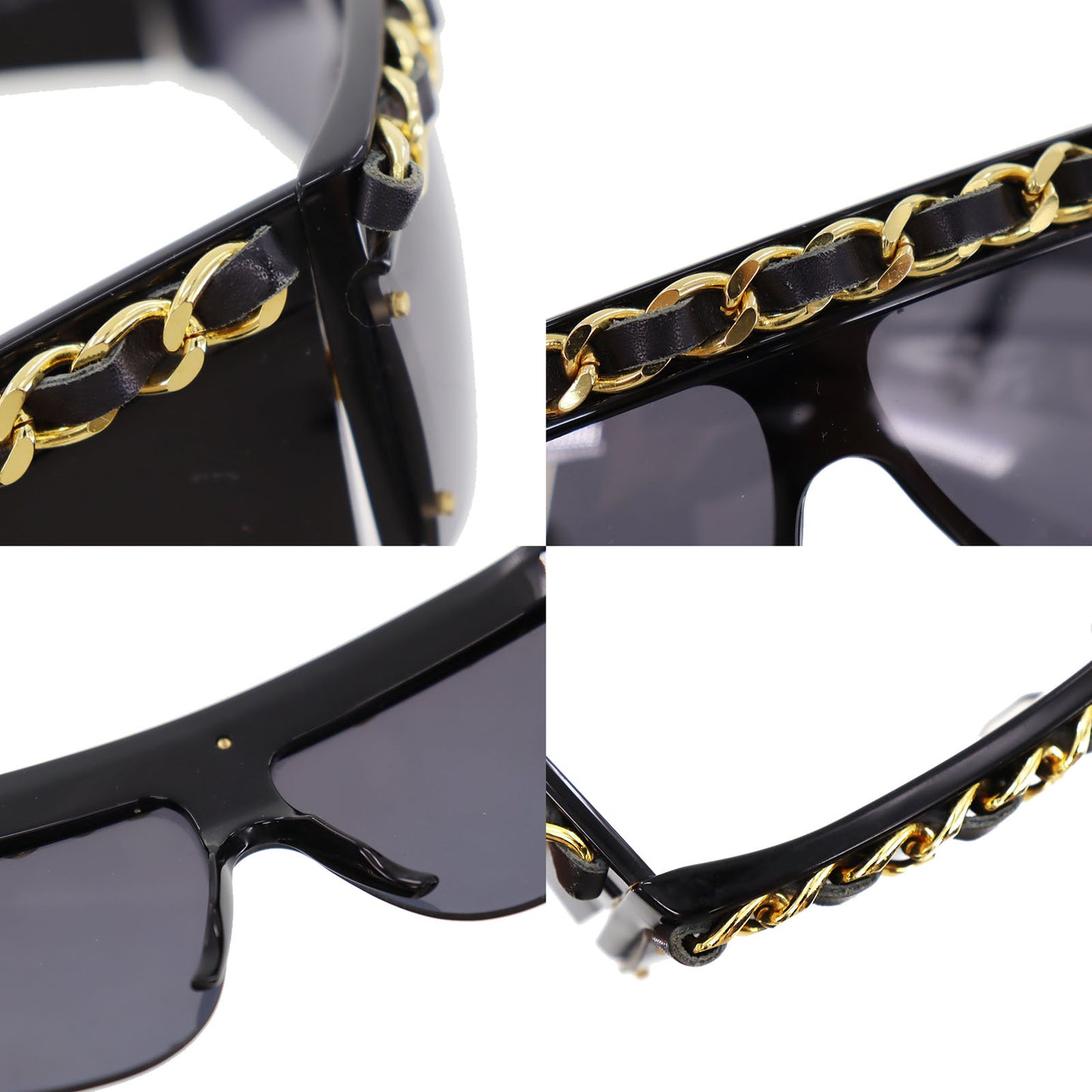 CHANEL Chain Sunglasses Black Shield Eye Wear #BZ506
