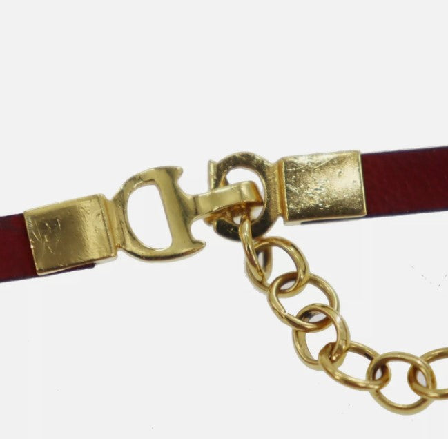 Christian Dior Logo Used Choker Red Gold Leather Gold Plated Vinatge #CU720 S