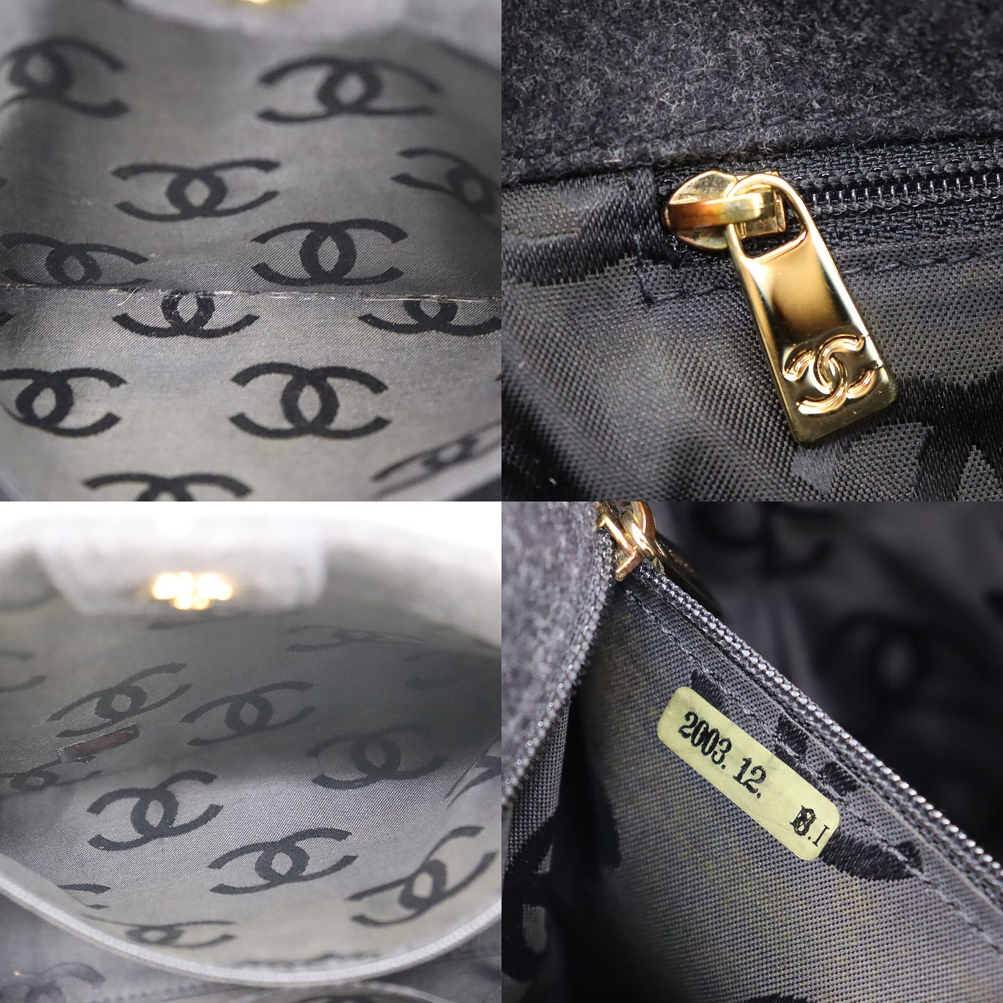 CHANEL Logos Tote Shoulder Bag Dark Gray Felt #CB789