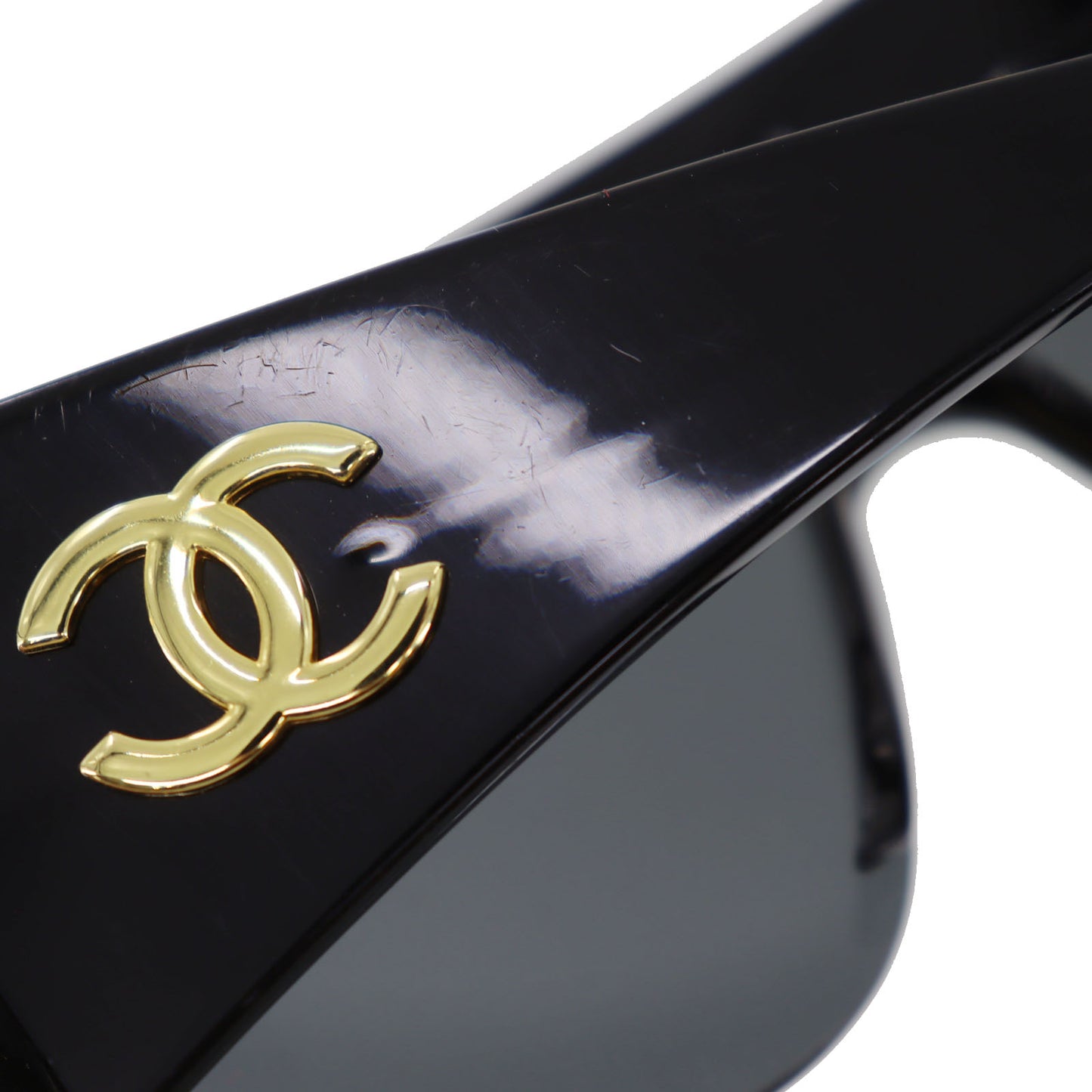CHANEL Chain Used Sunglasses Black Shield Eye Wear Italy #CU905
