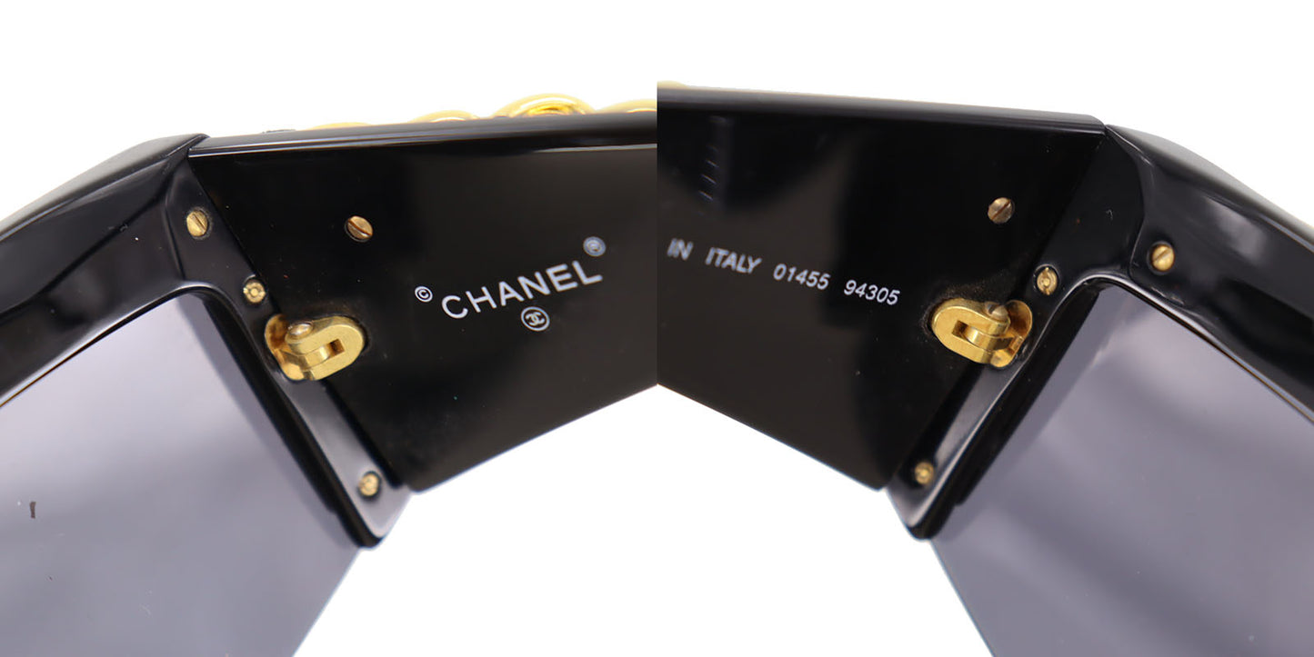 CHANEL Chain Sunglasses Black Shield Eye Wear #BZ506