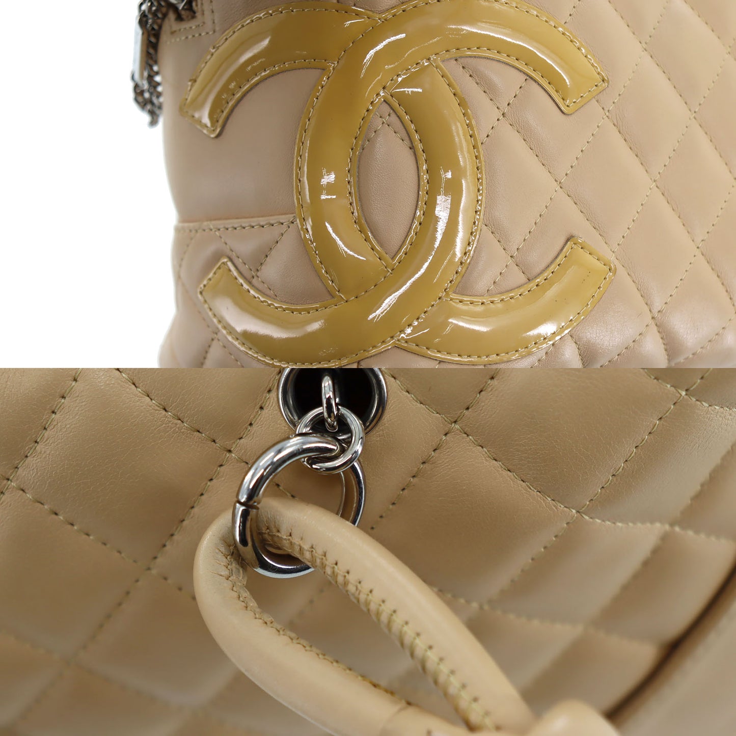 CHANEL CC Cambon Line HandBag Lambskin Leather Beige #AH662