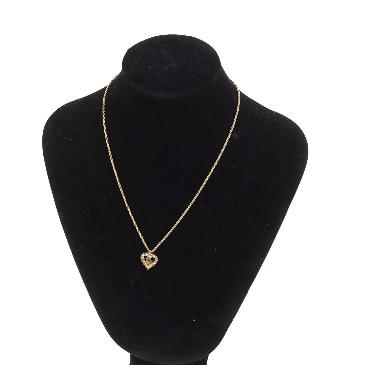 Christian Dior Logo Chain Heart Necklace Rhinestone Gold-Plated #CB230