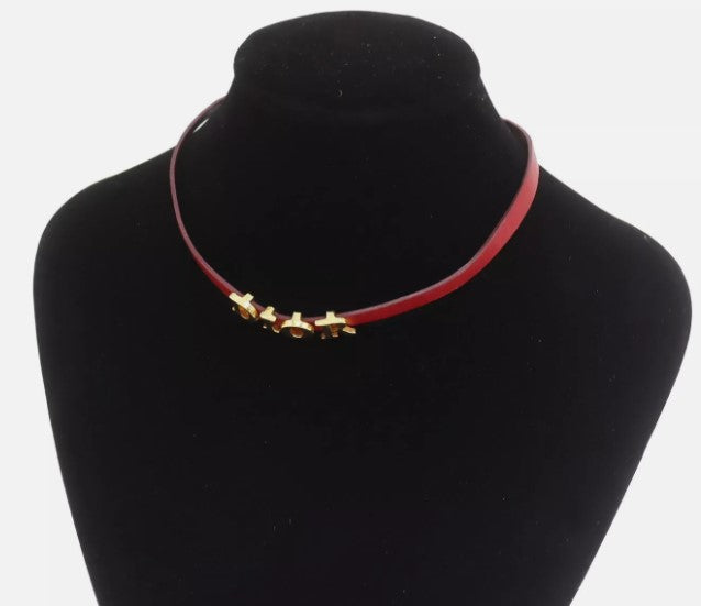 Christian Dior Logo Used Choker Red Gold Leather Gold Plated Vinatge #CU720 S