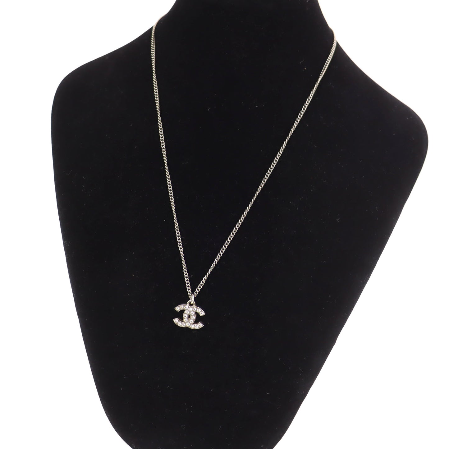 CHANEL CC Logos Necklace Rhinestone Silver F12 W #CN94
