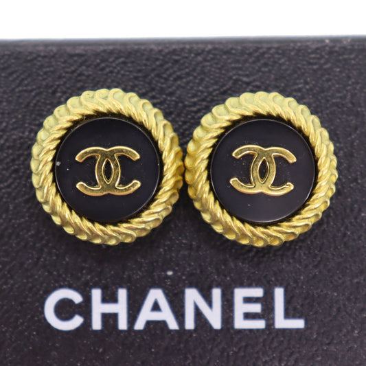 CHANEL CC Logos Circle Earrings Gold Black Clip-On 95C #AH683