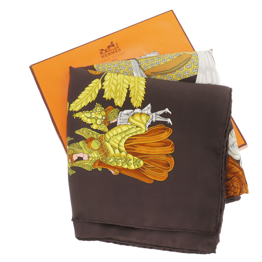 HERMES Carre 90 Logos Botanical Hat Design Silk Scarf Brown #AG543