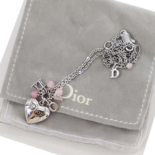 Christian Dior Logos Heart Beads Chain Necklace Silver Pink #ED570