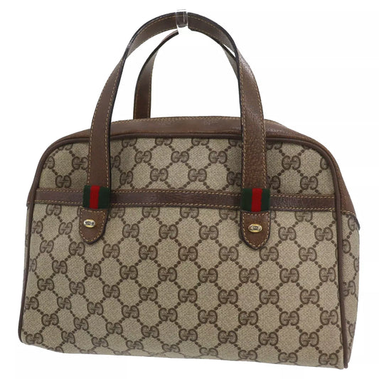 GUCCI GG Plus Web Stripe Handbag Brown PVC Leather Vintage #AG734