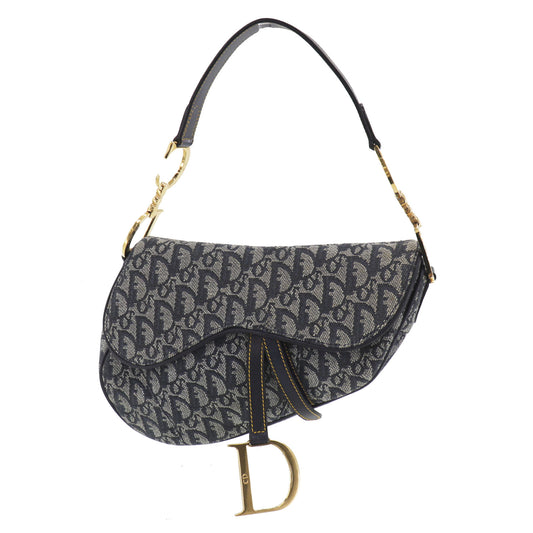 Christian Dior Trotter Saddle Shoulder Handbag Navy Canvas #EB344