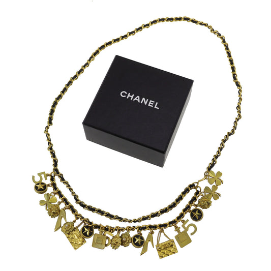 CHANEL Charm Chain Belt Gold Black 94 A #CO631