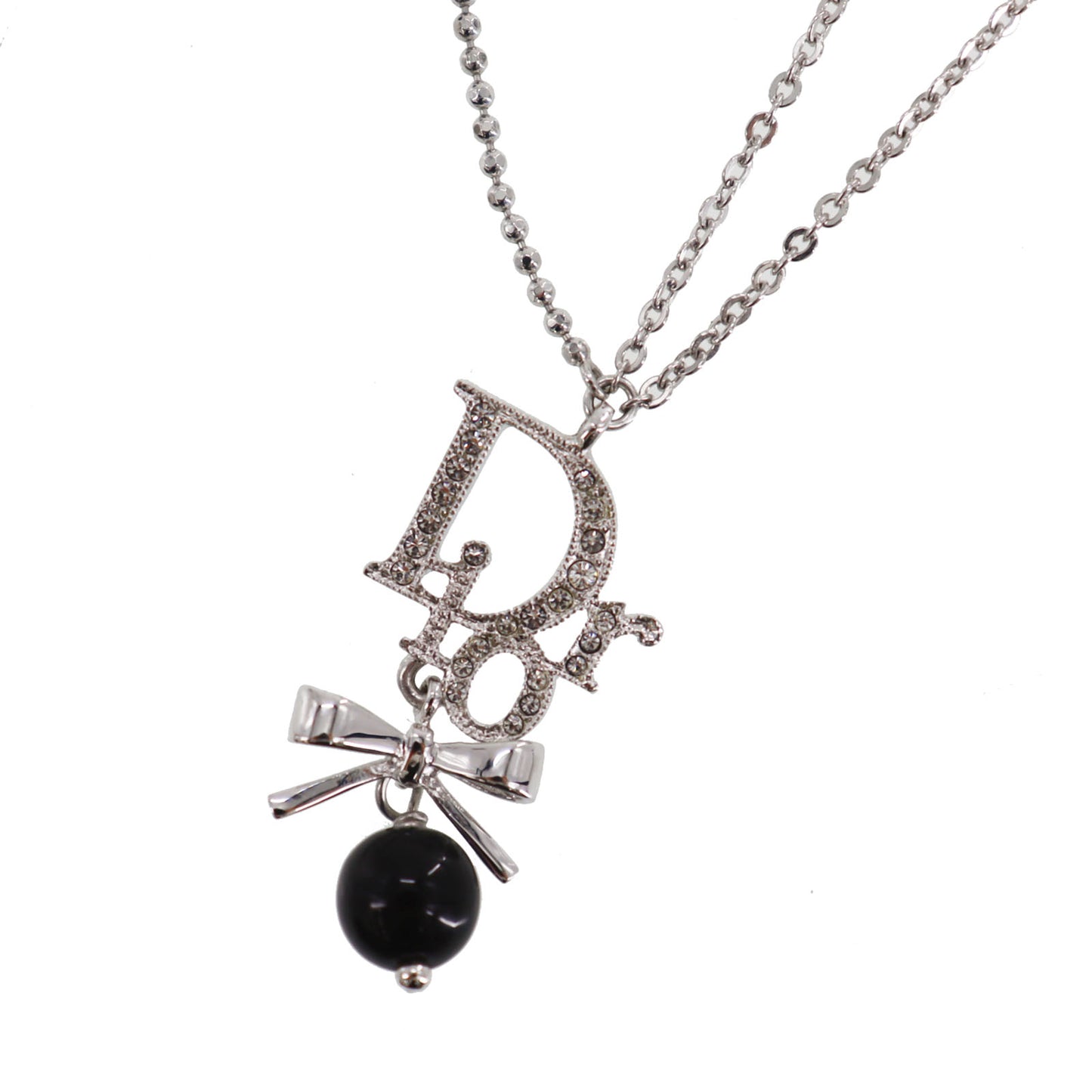 Christian Dior Logos Bow Rhinestones Chain Necklace Silver #ED578