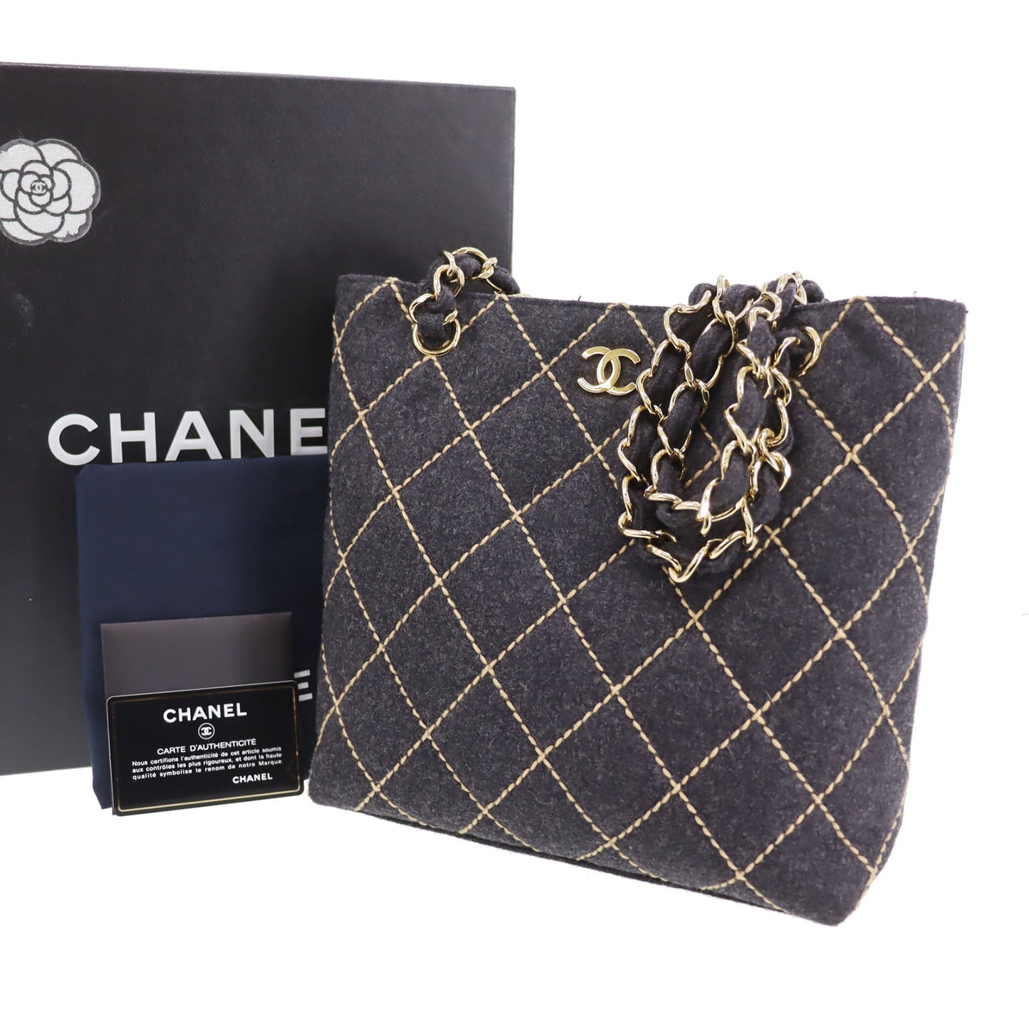 CHANEL Logos Tote Shoulder Bag Dark Gray Felt #CB789