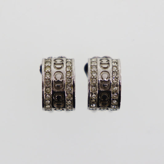 Christian Dior CD Logos Rhinestone Earrings Silver Plated #CD335