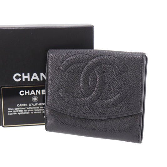 CHANEL CC Logos Bi-fold Wallet Black Caviar Skin Leather #CS563