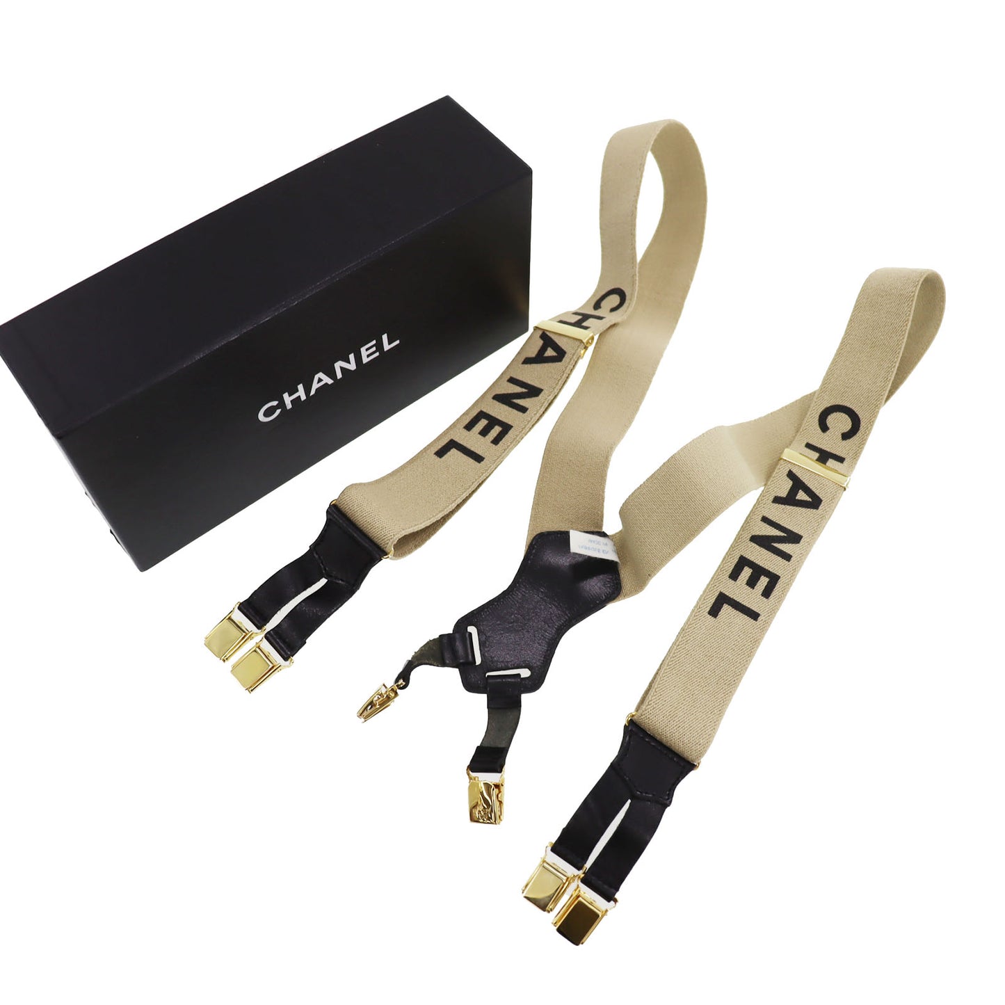 CHANEL Logo Suspender Beige Sewing Elastic Leather #CJ735