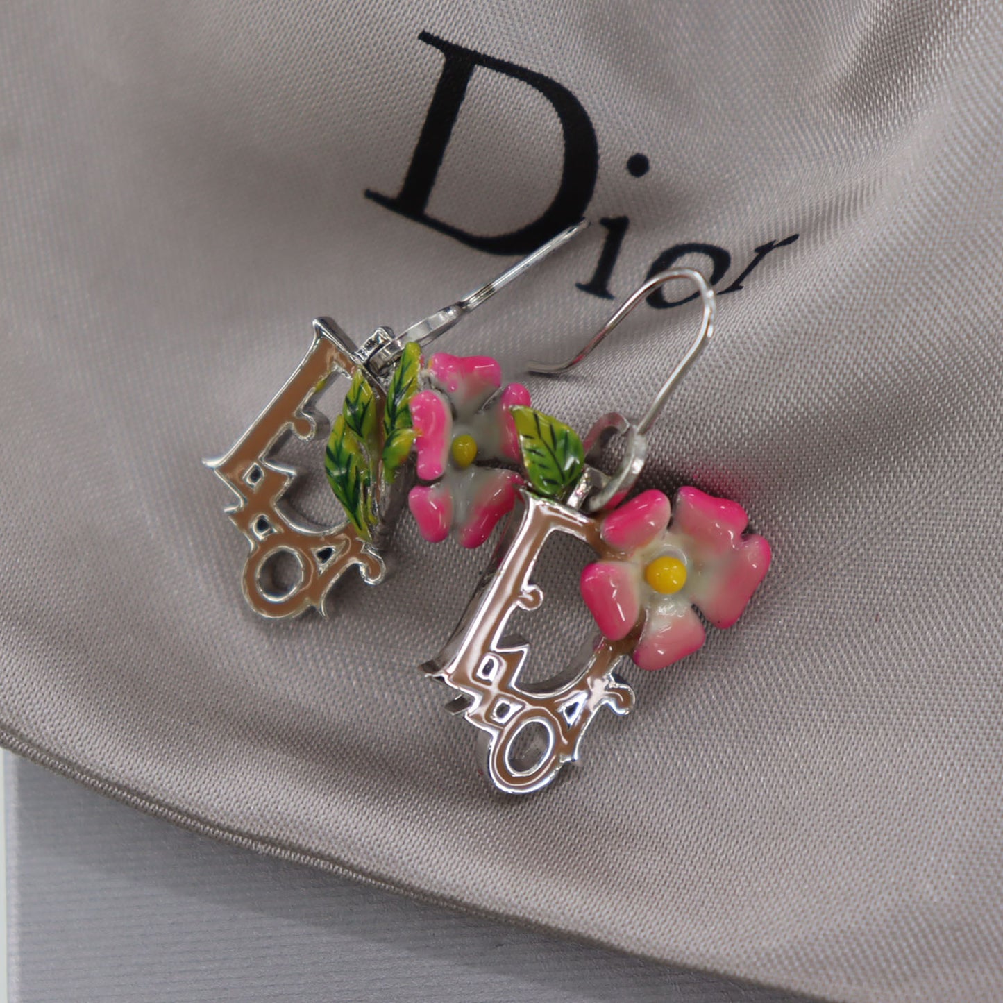 Christian Dior Logos Flower Motif Piercing Silver Plated #BT988