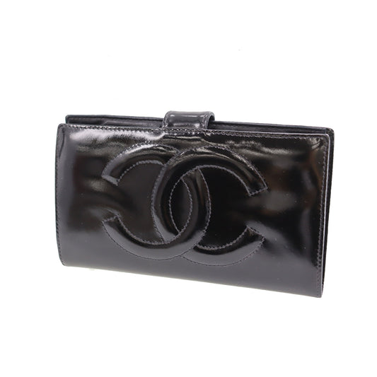 CHANEL CC Logos Long Wallet Black Leather #CJ147