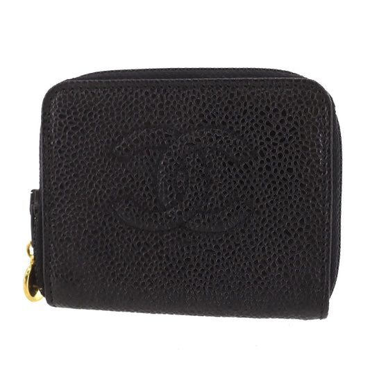 CHANEL CC Logos Coin Purse Black Caviar Skin Leather #CT227
