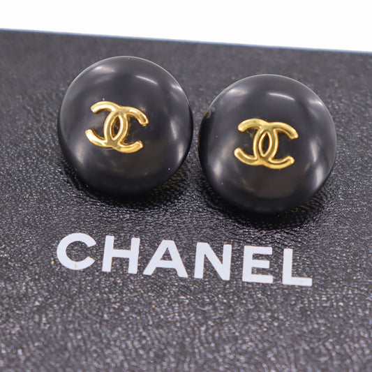 CHANEL Logos Earrings Gold Black Clip-On 95A #BK864