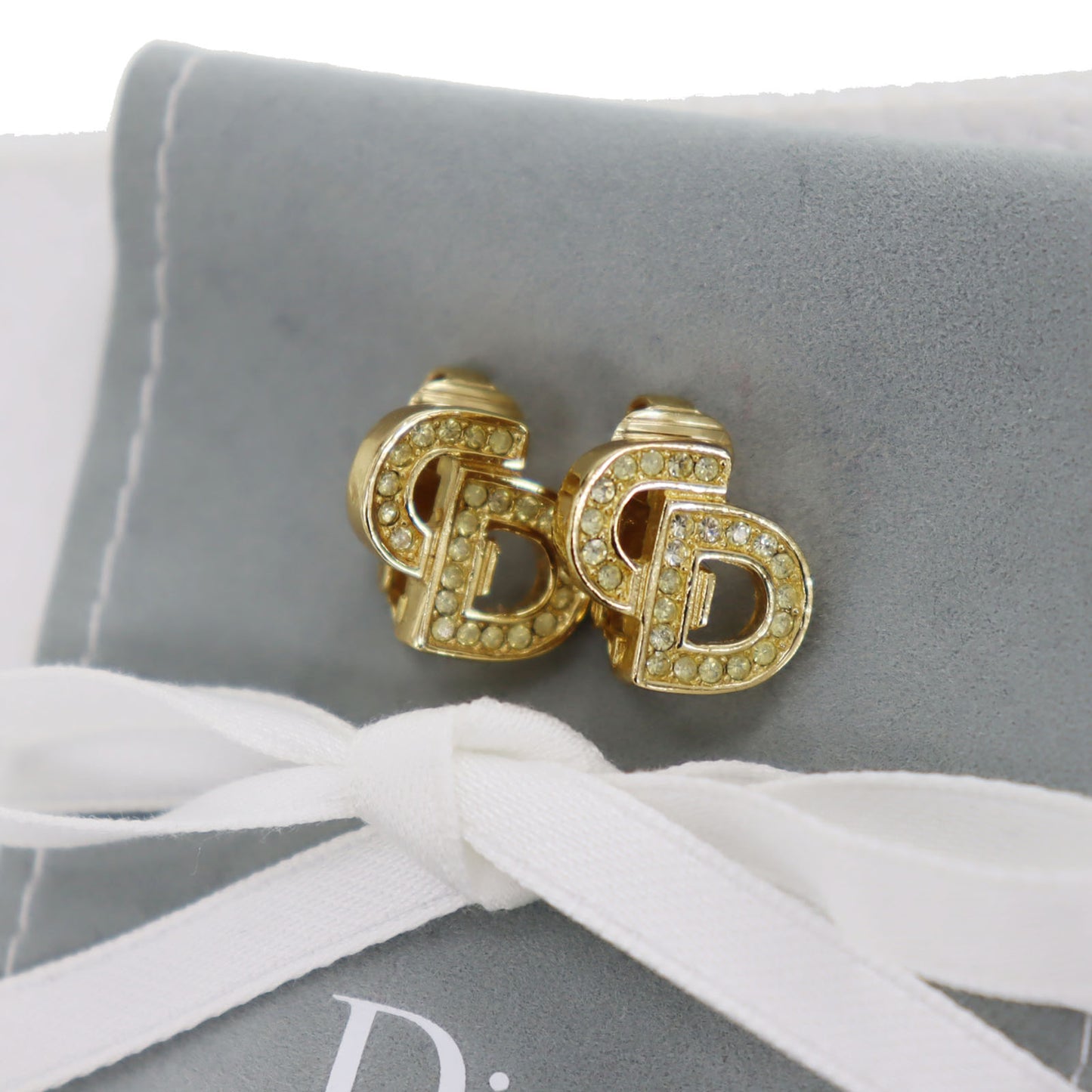 Christian Dior CD Logos Rhinestone Earrings Gold Plated #CB383