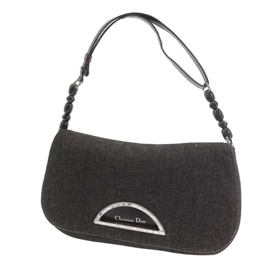 Christian Dior Maris Pearl Handbag Black Denim Canvas #CG970