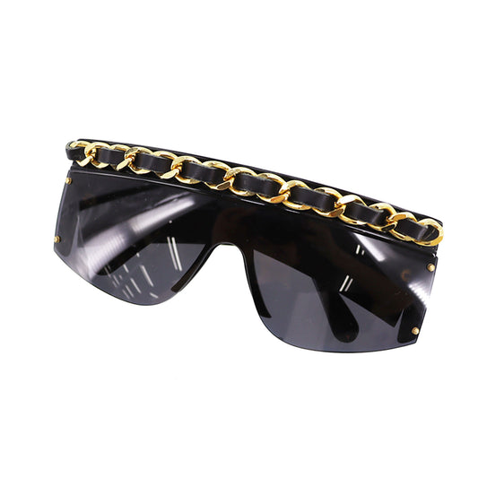 CHANEL Chain Sunglasses Black Shield Eye Wear #BZ506
