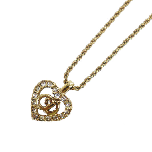 Christian Dior CD Logo Heart Rhinestone Used Chain Necklace Gold #EB492 S