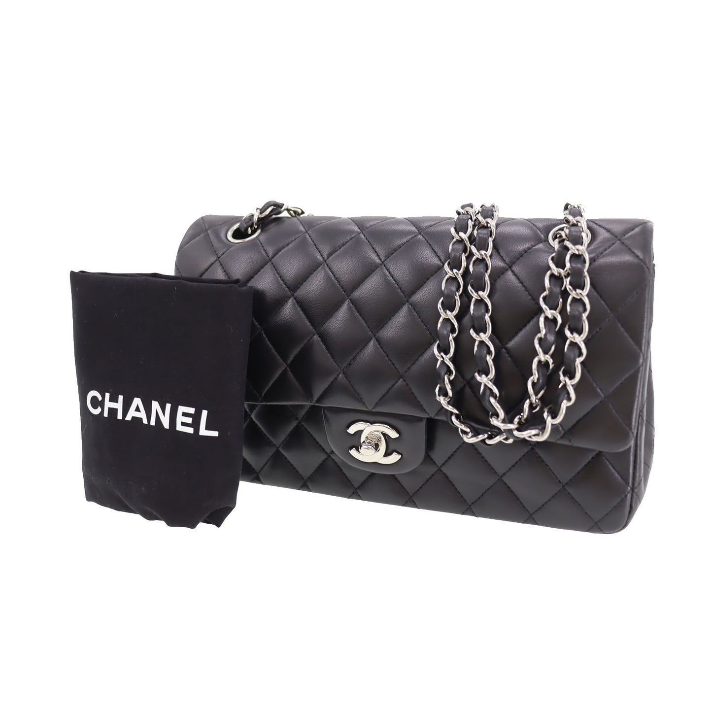 CHANEL Matelasse 25 Double Flap Shoulder Bag Black Lambskin #CJ765