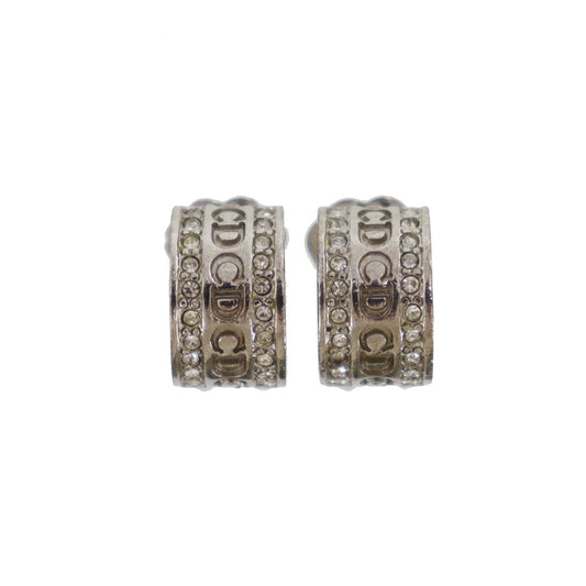 Christian Dior CD Logos Rhinestones Earrings Silver Plated #CW718