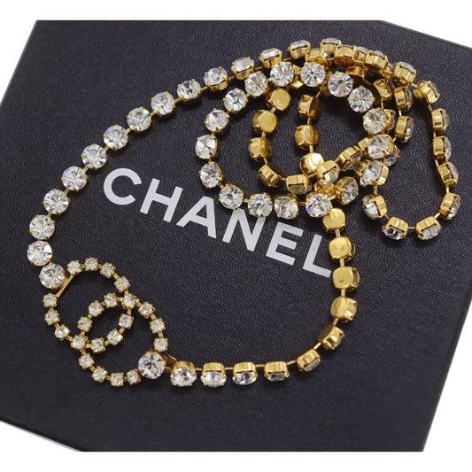 CHANEL CC Logos Rhinestone Belt Necklace Gold Plated 96P #CK417