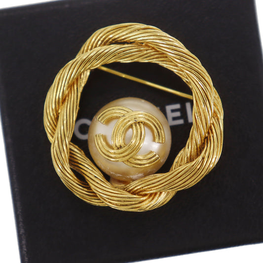 CHANEL CC Circle Pin Brooch Gold Plated Pearl 94A #CG797