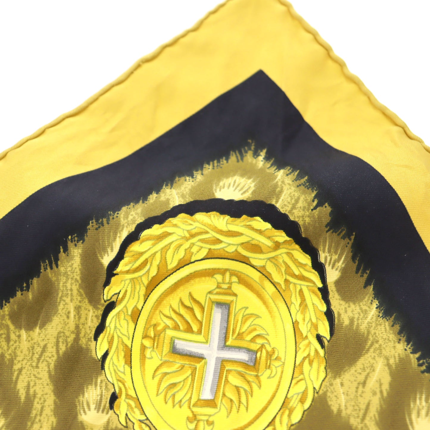HERMES Logos Scarf Yellow Black 100% Silk #BY468