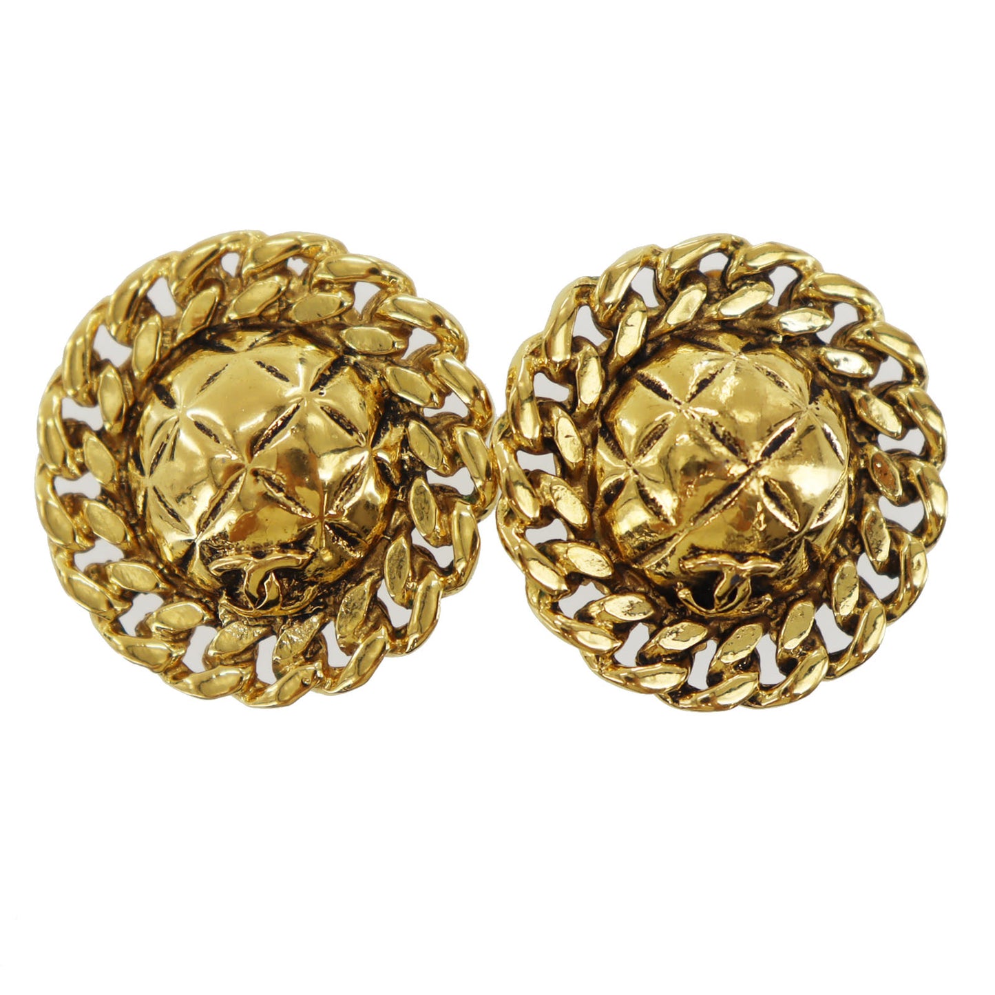 CHANEL Logos Chain Motif Earrings Gold Clip-On #BK663