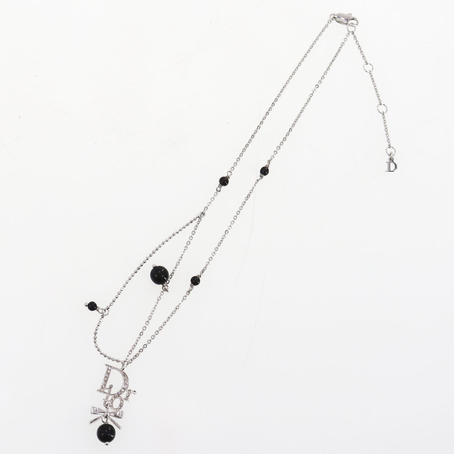 Christian Dior Logos Bow Rhinestones Chain Necklace Silver #ED578
