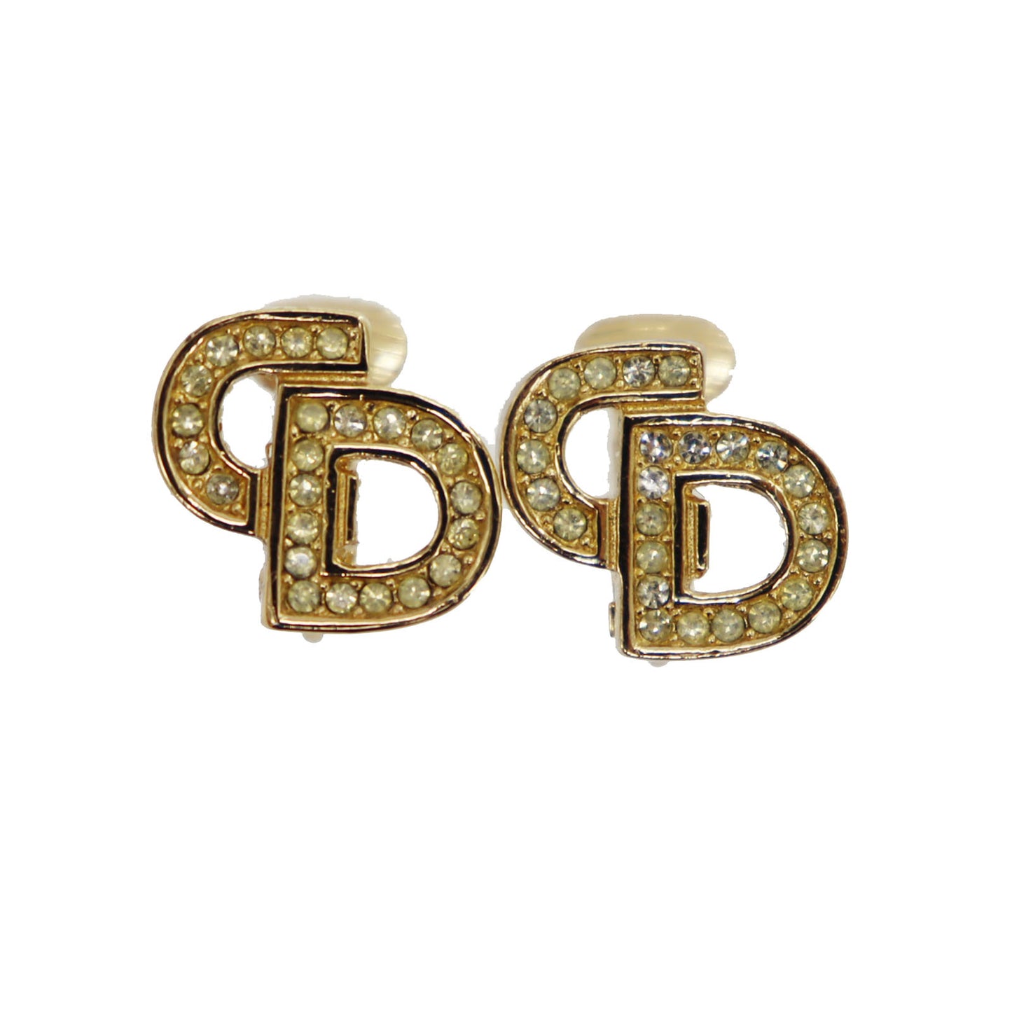 Christian Dior CD Logos Rhinestone Earrings Gold Plated #CB383