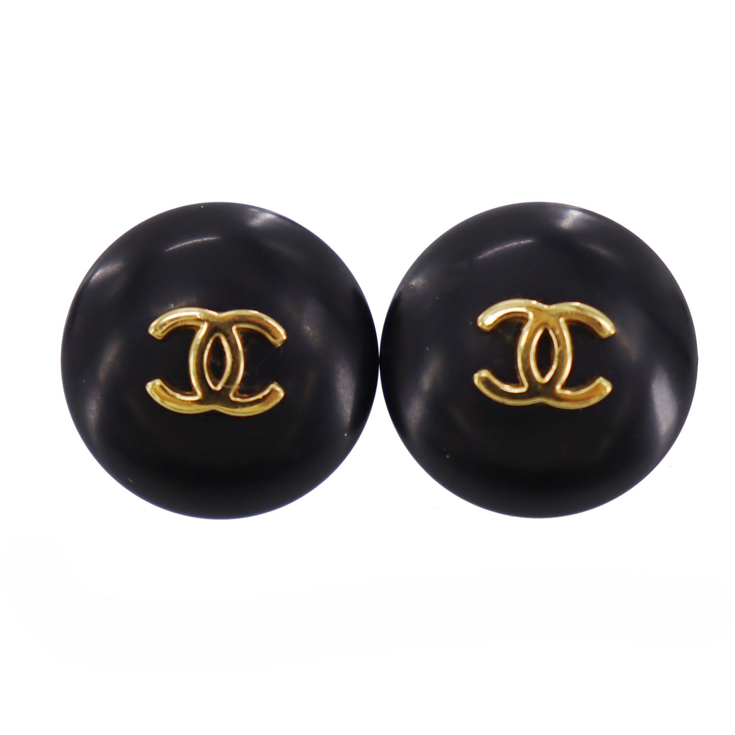 CHANEL Logos Earrings Gold Black Clip-On 95A #BK864