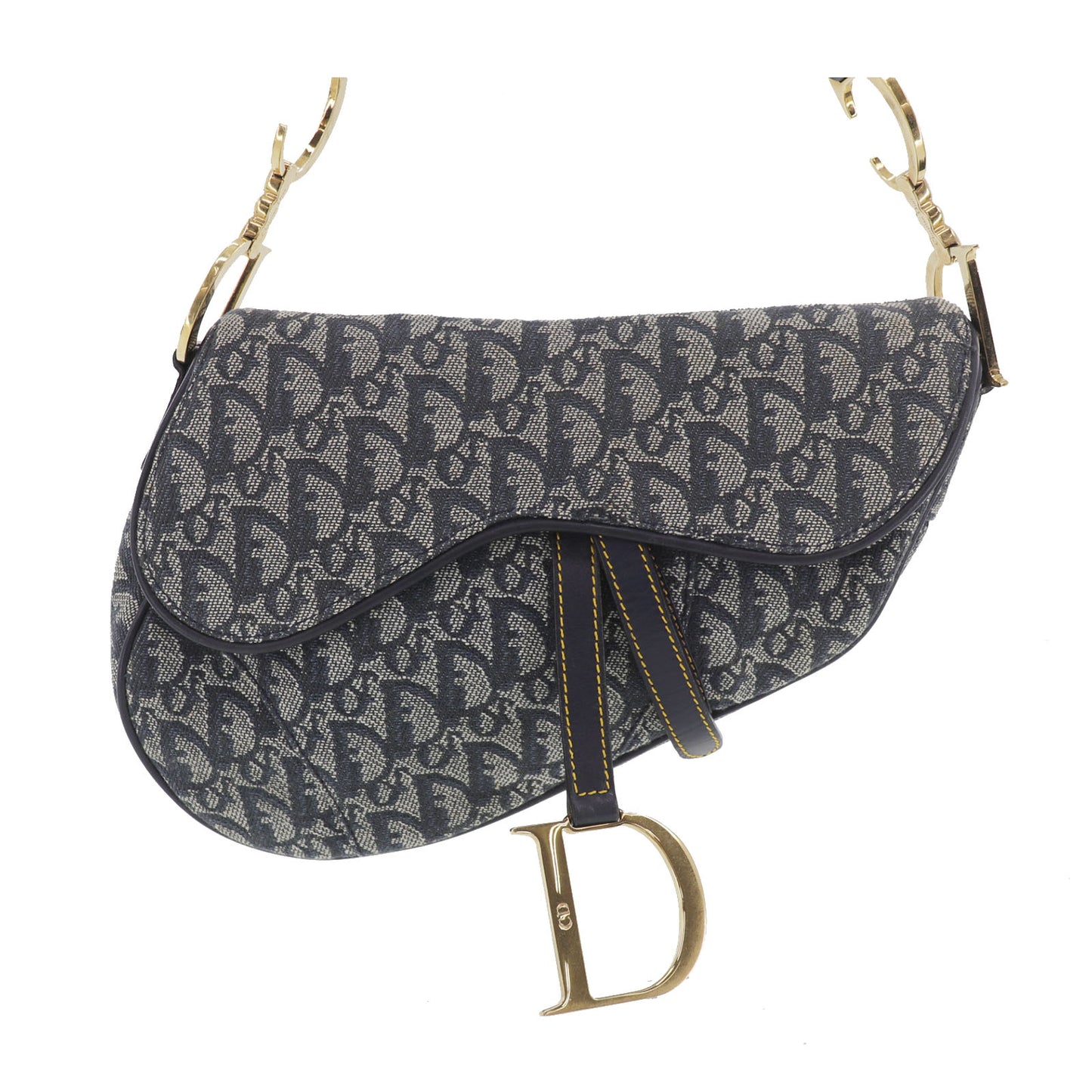 Christian Dior Trotter Saddle Shoulder Handbag Navy Canvas #EB344
