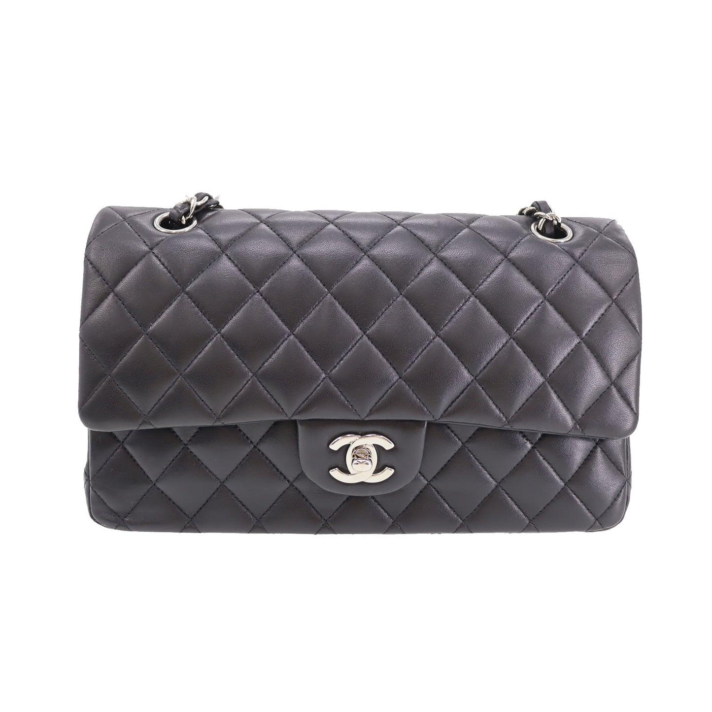 CHANEL Matelasse 25 Double Flap Shoulder Bag Black Lambskin #CJ765