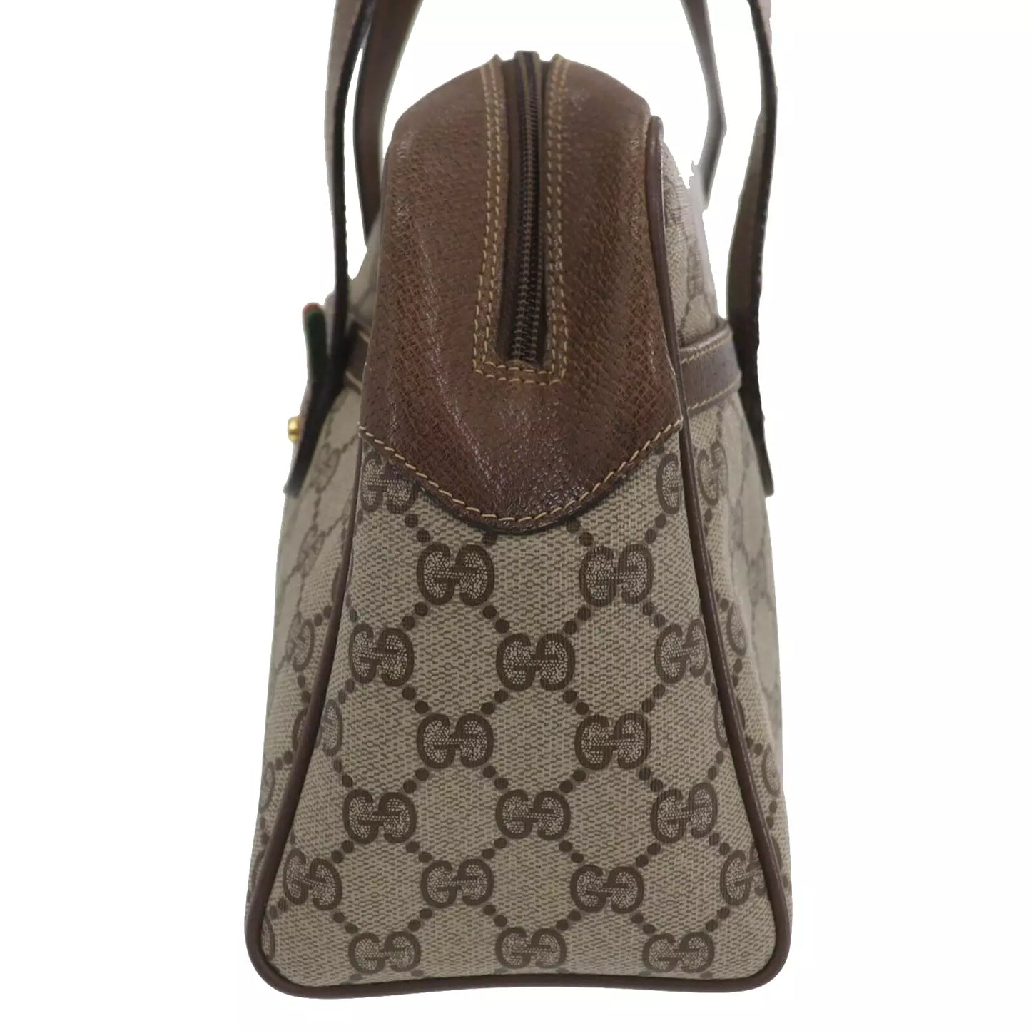 GUCCI GG Plus Web Stripe Handbag Brown PVC Leather Vintage #AG734