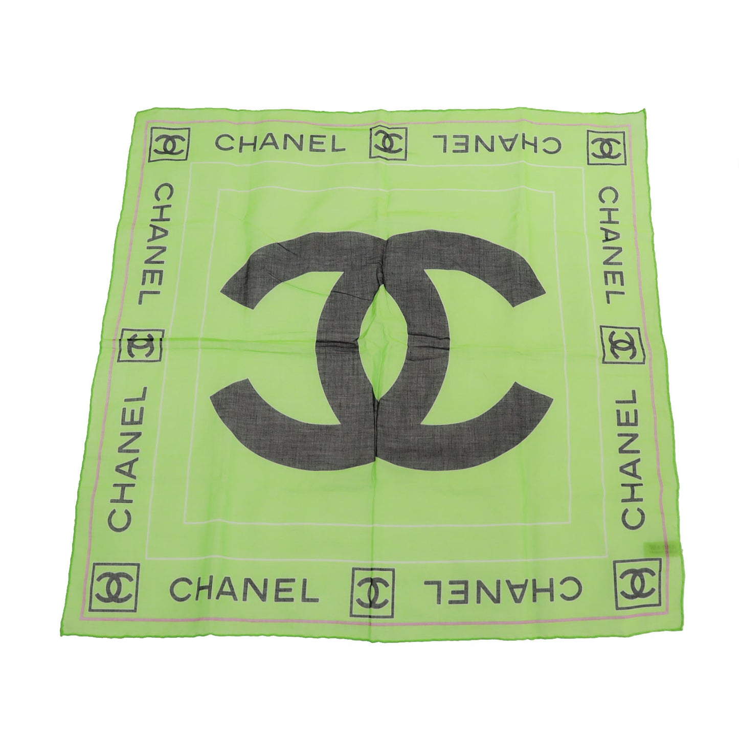 CHANEL CC Logos Green Square Scarf Cotton #CO834