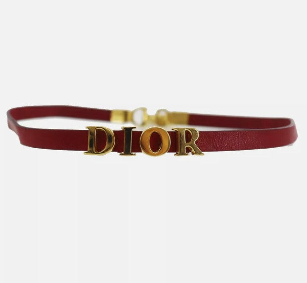 Christian Dior Logo Used Choker Red Gold Leather Gold Plated Vinatge #CU720 S