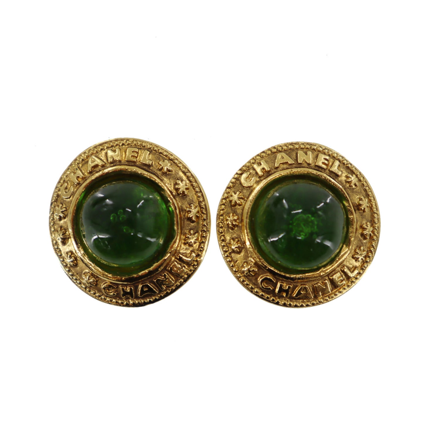 CHANEL Logos Circle Stone Earrings Gold Clip-On 2537 #AG997